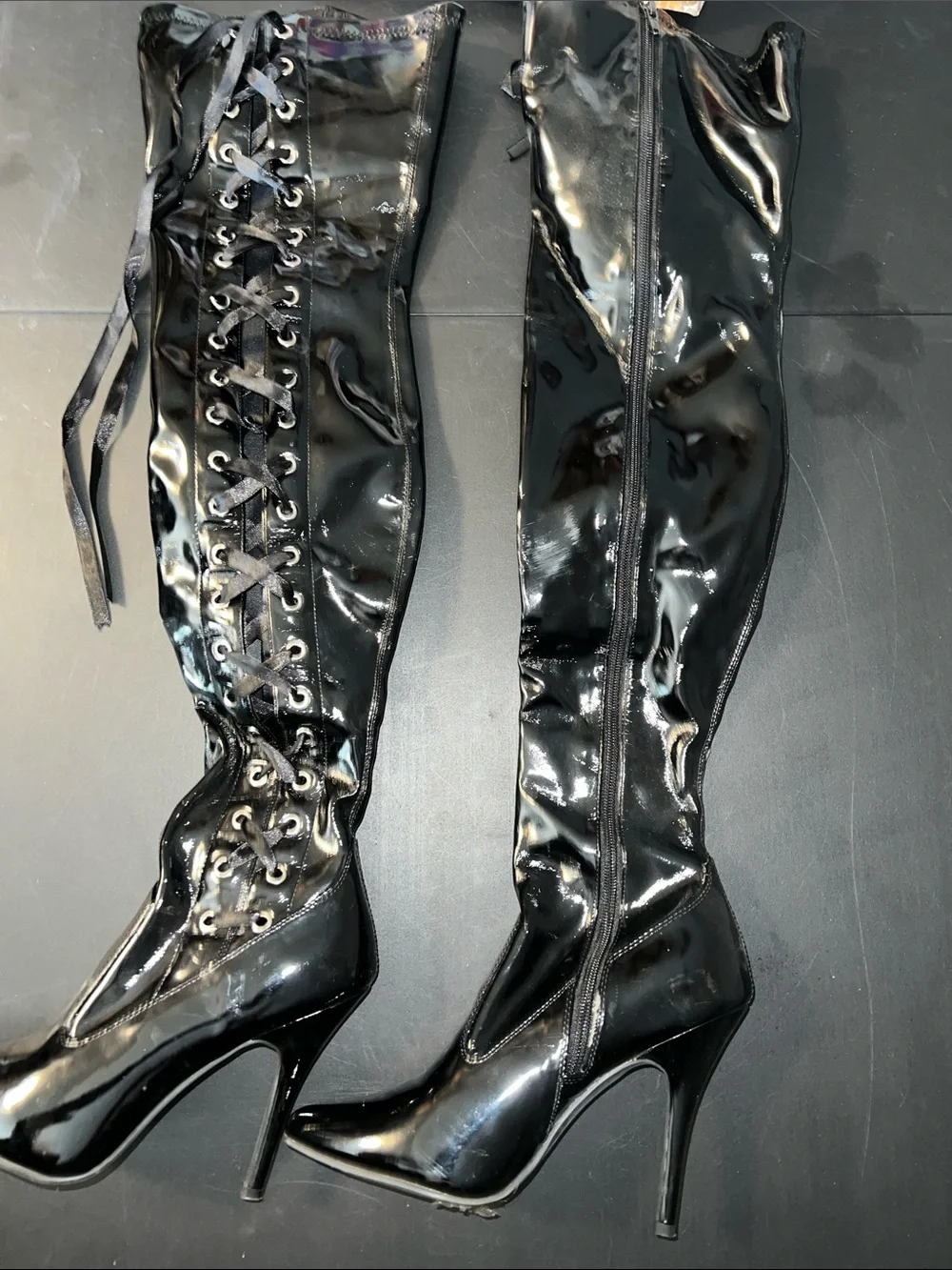 Pleaser Black Patent Over-the-Knee Lace-Up Stiletto Boots